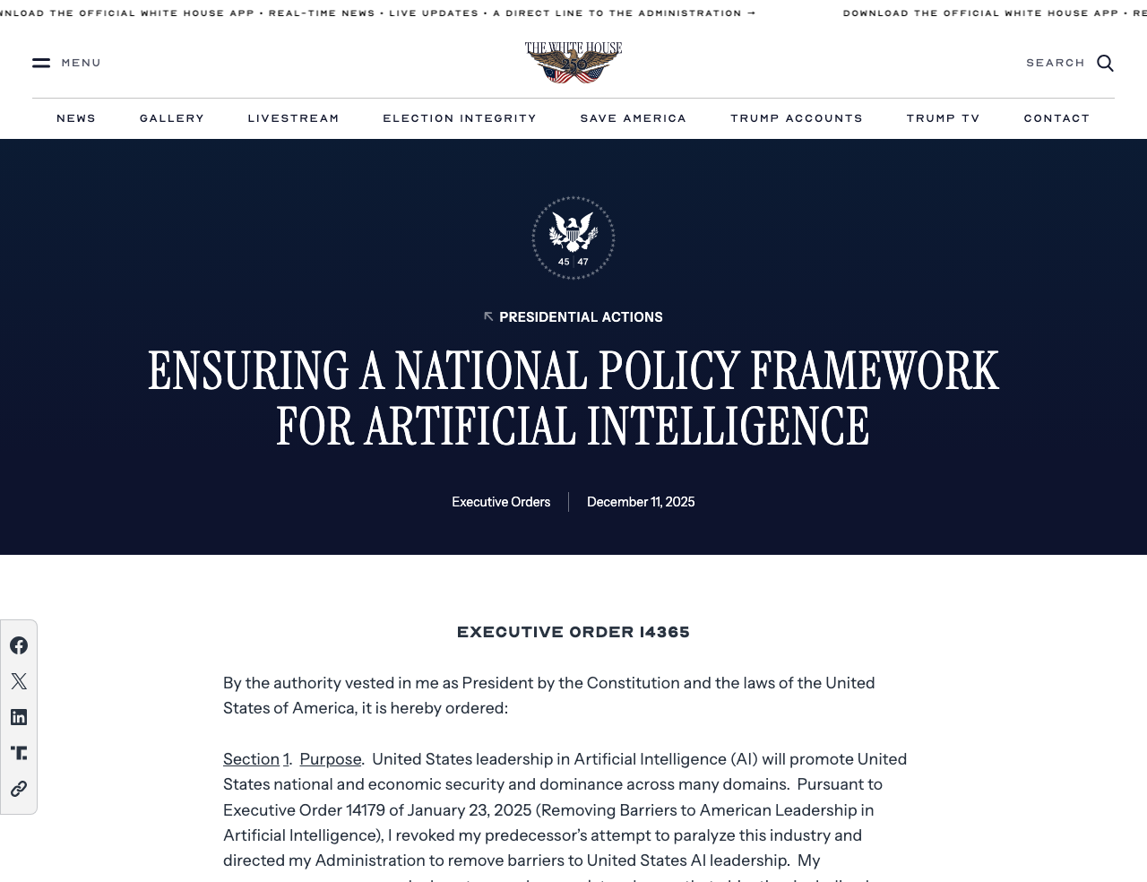 Screenshot of the White House page for Executive Order 14365, Ensuring a National Policy Framework for Artificial Intelligence, December 11, 2025